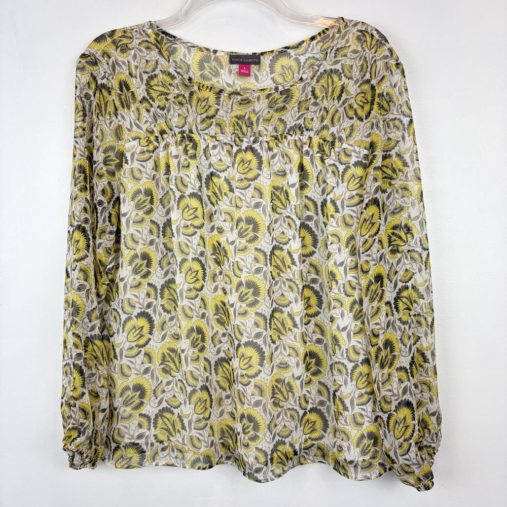 Vince Camuto Top Womens Small Yellow Floral Print Blouse Lined Sheer Coquette